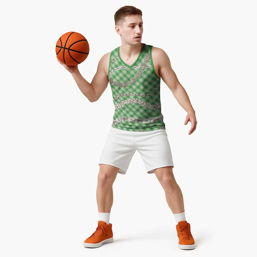 Green Aloha Hawaii Shell Lei Basketball Jersey Palaka Hebrew Cone Honey Cowrie Elegant Curves - Polynesian Pride