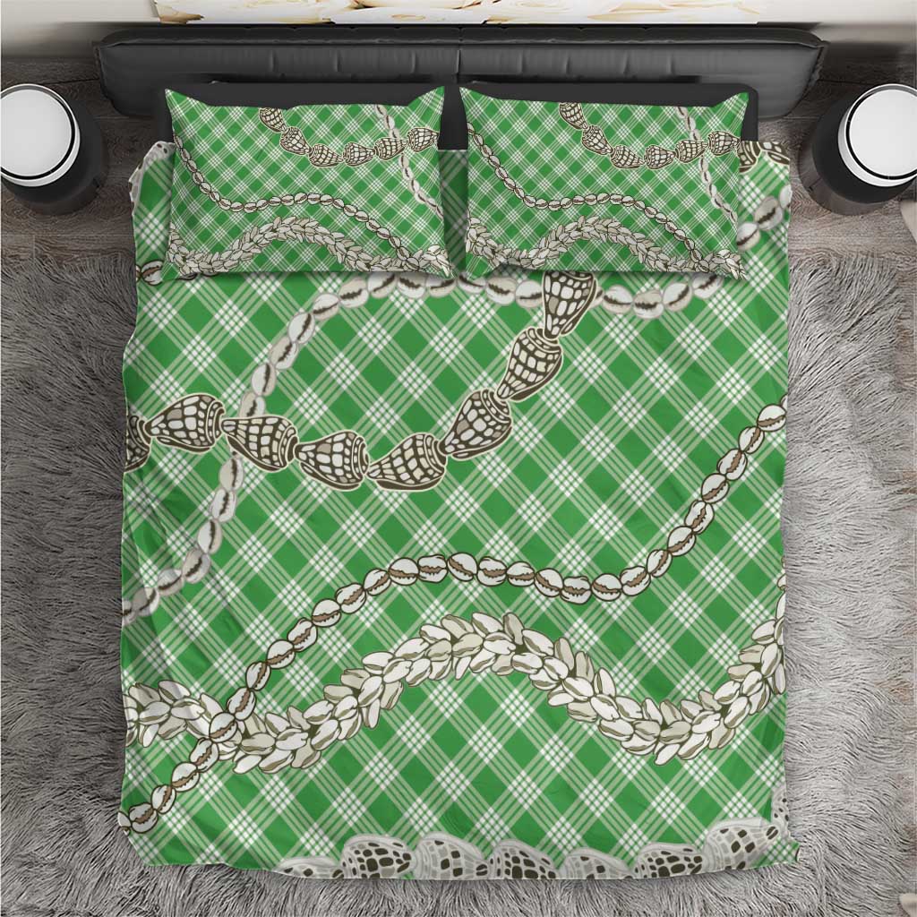 Green Aloha Hawaii Shell Lei Bedding Set Palaka Hebrew Cone Honey Cowrie Elegant Curves - Polynesian Pride
