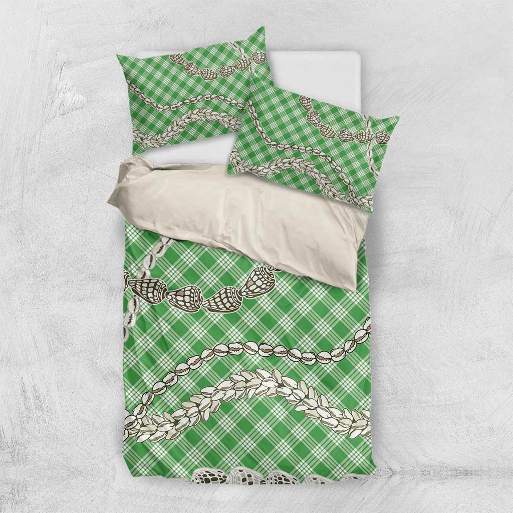 Green Aloha Hawaii Shell Lei Bedding Set Palaka Hebrew Cone Honey Cowrie Elegant Curves - Polynesian Pride