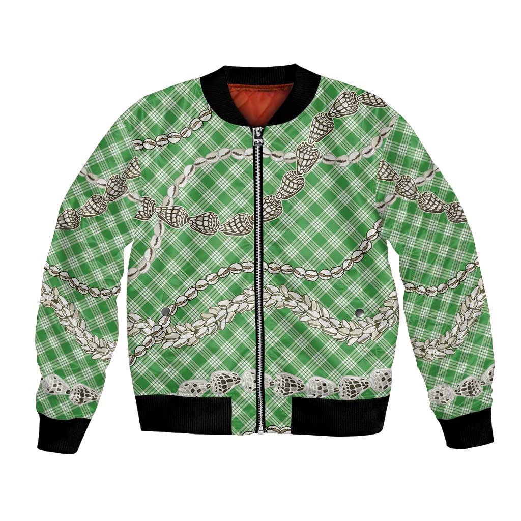 Green Aloha Hawaii Shell Lei Bomber Jacket Palaka Hebrew Cone Honey Cowrie Elegant Curves - Polynesian Pride