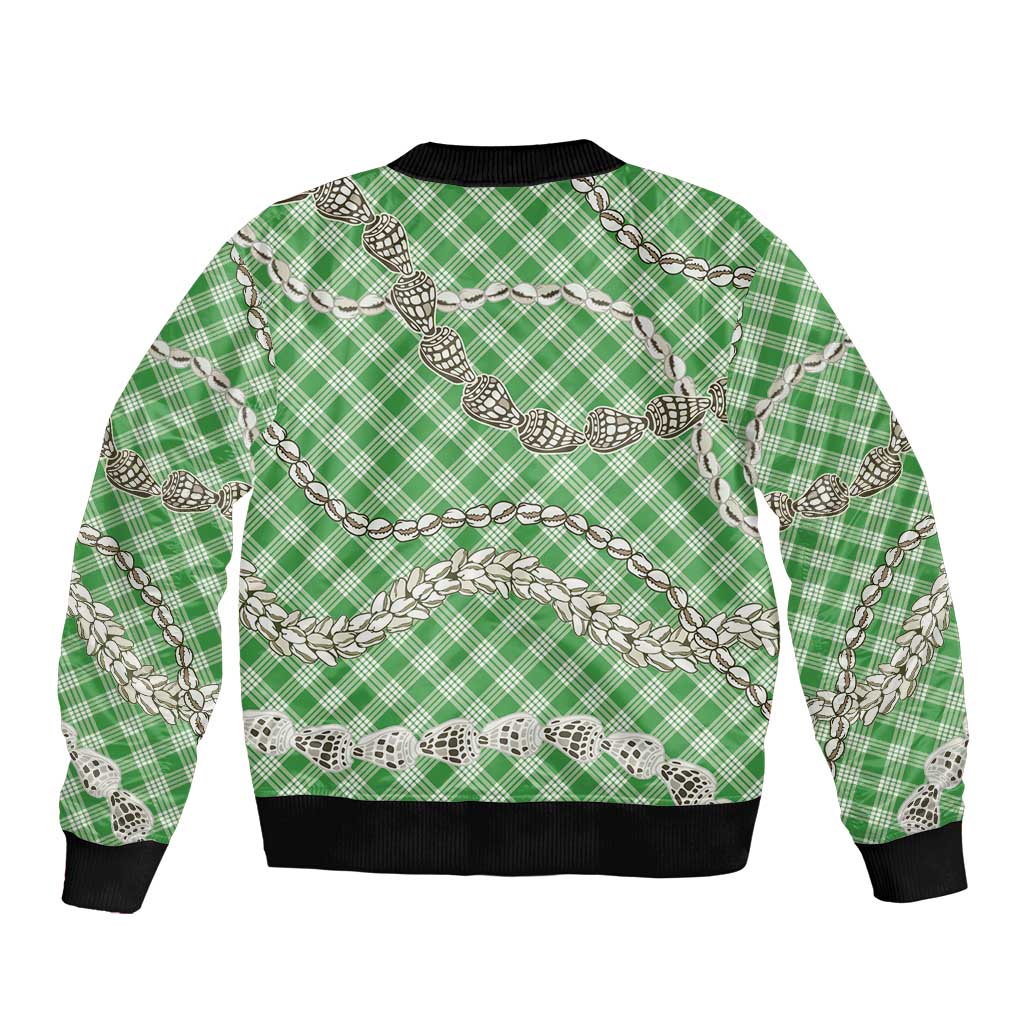 Green Aloha Hawaii Shell Lei Bomber Jacket Palaka Hebrew Cone Honey Cowrie Elegant Curves - Polynesian Pride