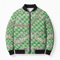 Green Aloha Hawaii Shell Lei Bomber Puffer Jacket Palaka Hebrew Cone Honey Cowrie Elegant Curves - Polynesian Pride