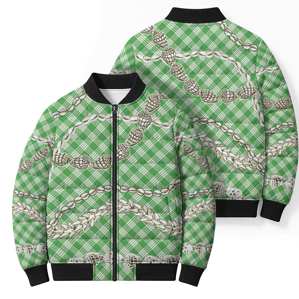 Green Aloha Hawaii Shell Lei Bomber Puffer Jacket Palaka Hebrew Cone Honey Cowrie Elegant Curves - Polynesian Pride