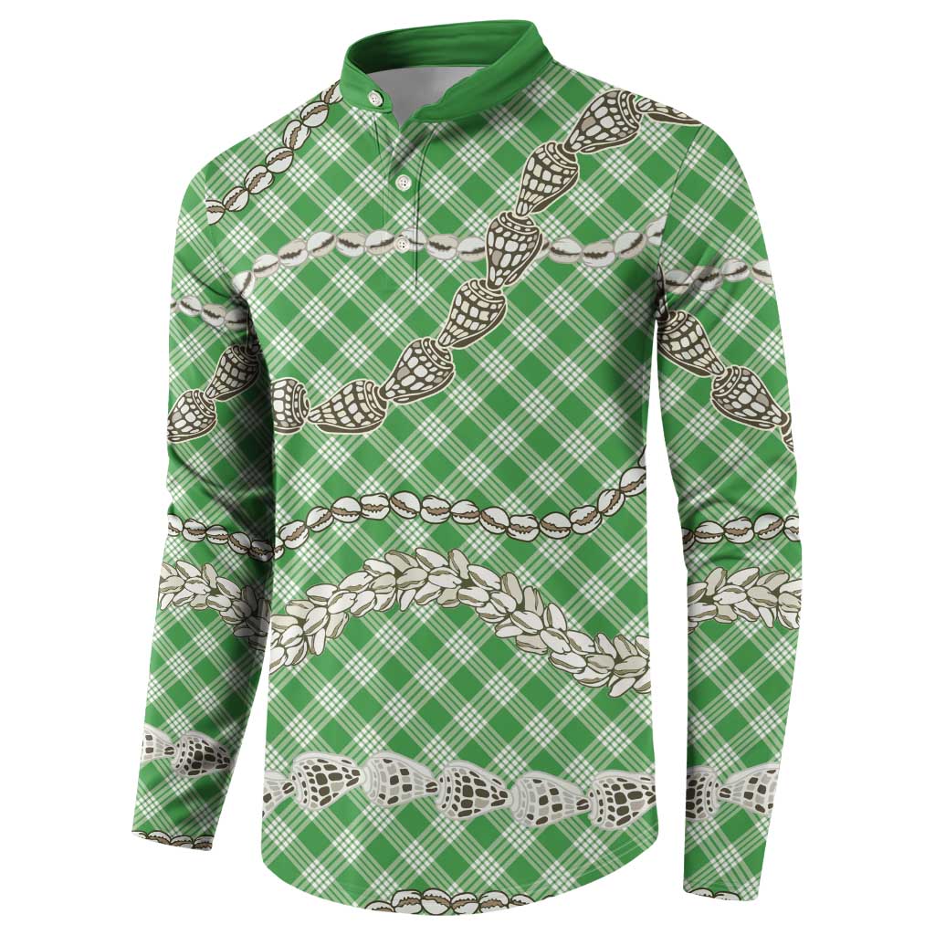 Green Aloha Hawaii Shell Lei Button Sweatshirt Palaka Hebrew Cone Honey Cowrie Elegant Curves - Polynesian Pride
