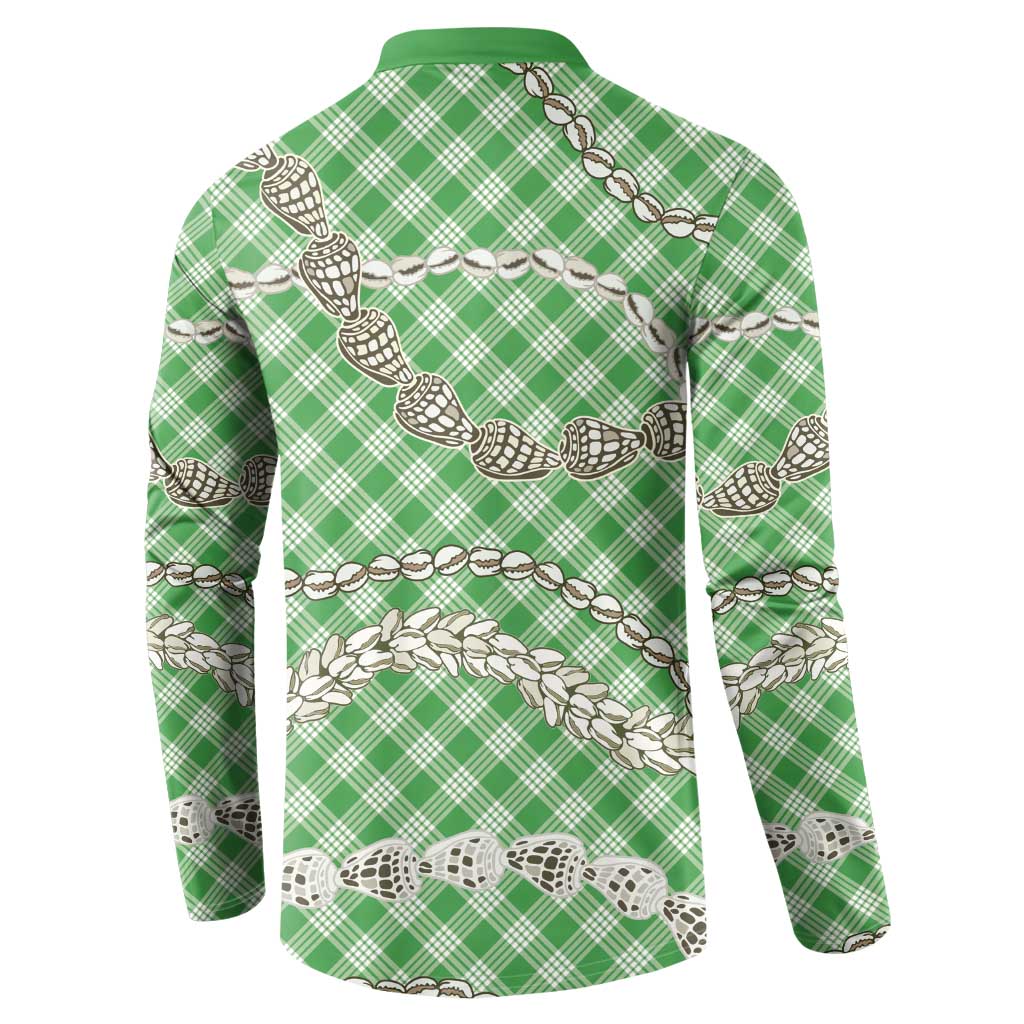 Green Aloha Hawaii Shell Lei Button Sweatshirt Palaka Hebrew Cone Honey Cowrie Elegant Curves - Polynesian Pride