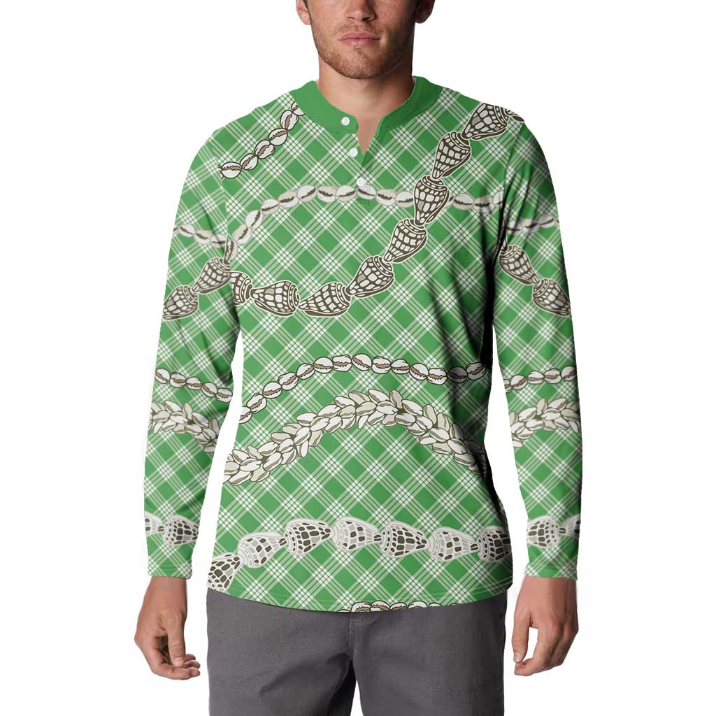 Green Aloha Hawaii Shell Lei Button Sweatshirt Palaka Hebrew Cone Honey Cowrie Elegant Curves - Polynesian Pride