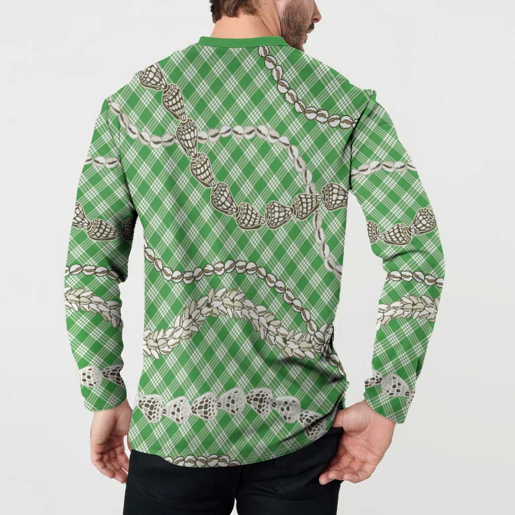 Green Aloha Hawaii Shell Lei Button Sweatshirt Palaka Hebrew Cone Honey Cowrie Elegant Curves - Polynesian Pride