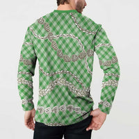 Green Aloha Hawaii Shell Lei Button Sweatshirt Palaka Hebrew Cone Honey Cowrie Elegant Curves - Polynesian Pride