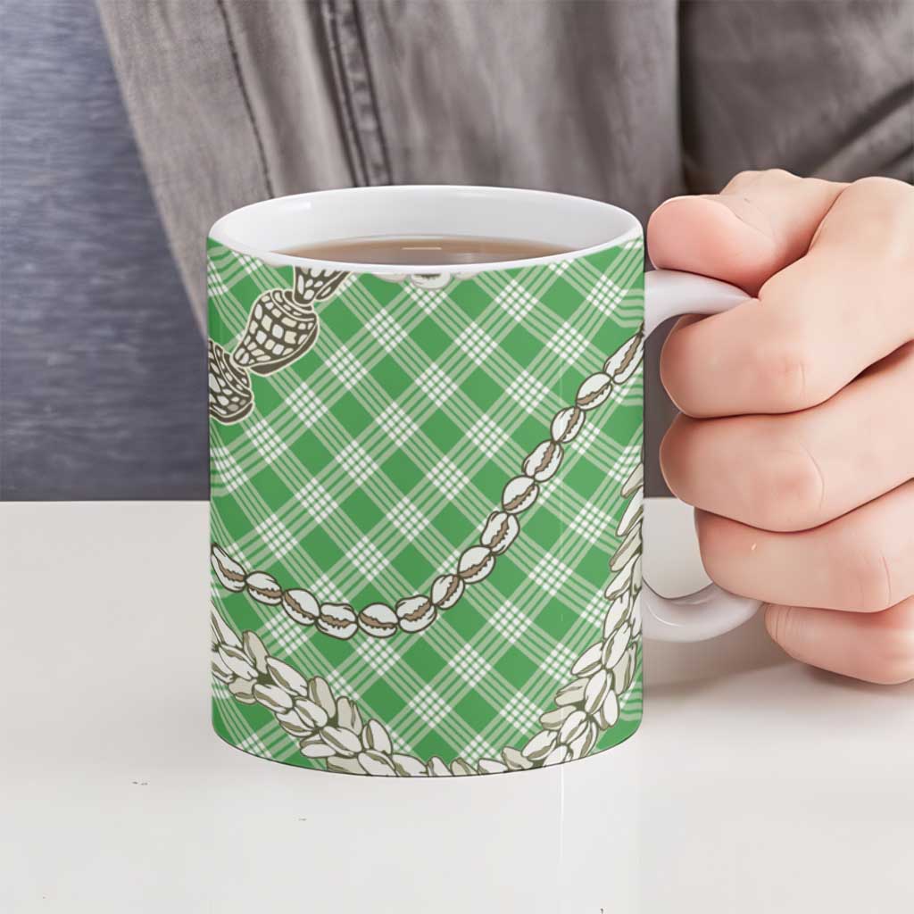 Green Aloha Hawaii Shell Lei Ceramic Mug Palaka Hebrew Cone Honey Cowrie Elegant Curves - Polynesian Pride