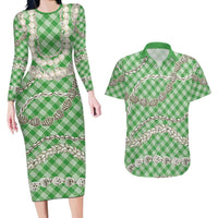 Green Aloha Hawaii Shell Lei Couples Matching Long Sleeve Bodycon Dress and Hawaiian Shirt Palaka Hebrew Cone Honey Cowrie Elegant Curves LT14 Green - Polynesian Pride