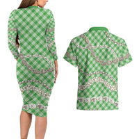 Green Aloha Hawaii Shell Lei Couples Matching Long Sleeve Bodycon Dress and Hawaiian Shirt Palaka Hebrew Cone Honey Cowrie Elegant Curves LT14 - Polynesian Pride