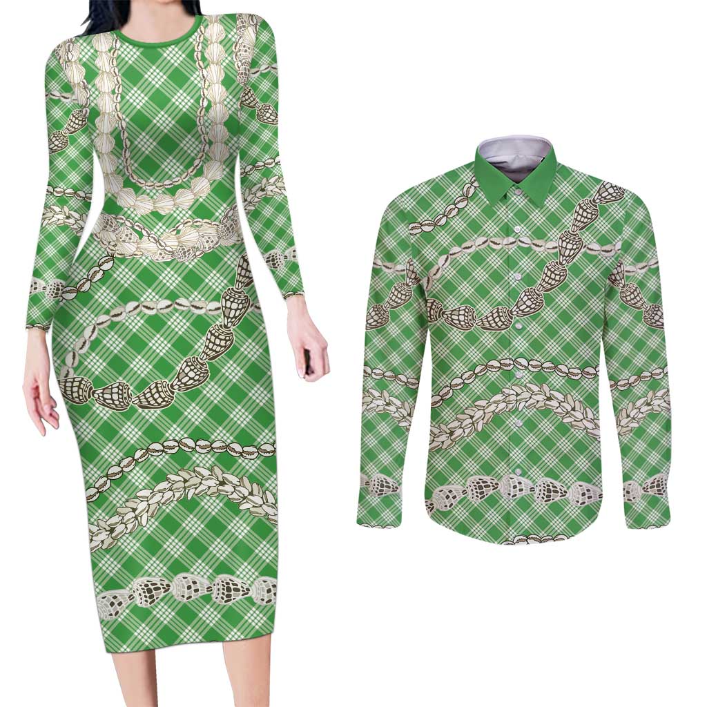 Green Aloha Hawaii Shell Lei Couples Matching Long Sleeve Bodycon Dress and Long Sleeve Button Shirt Palaka Hebrew Cone Honey Cowrie Elegant Curves LT14 Green - Polynesian Pride