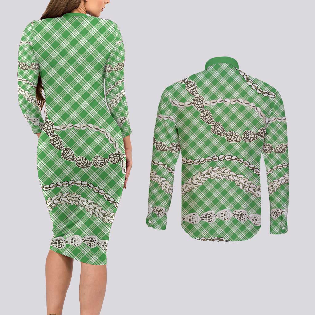 Green Aloha Hawaii Shell Lei Couples Matching Long Sleeve Bodycon Dress and Long Sleeve Button Shirt Palaka Hebrew Cone Honey Cowrie Elegant Curves LT14 - Polynesian Pride