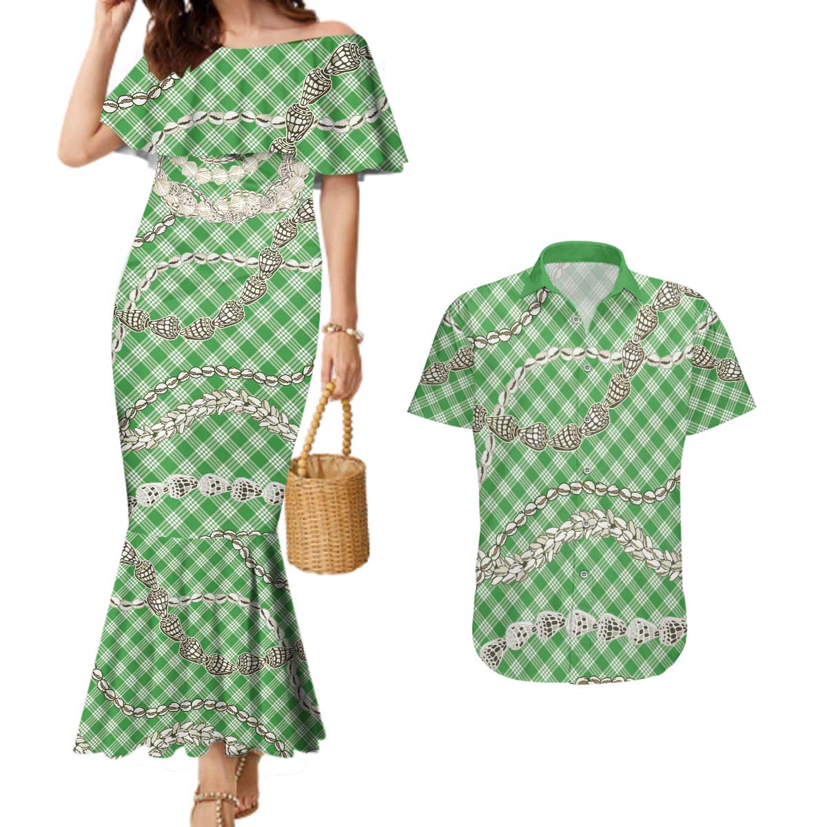 Green Aloha Hawaii Shell Lei Couples Matching Mermaid Dress and Hawaiian Shirt Palaka Hebrew Cone Honey Cowrie Elegant Curves LT14 Green - Polynesian Pride