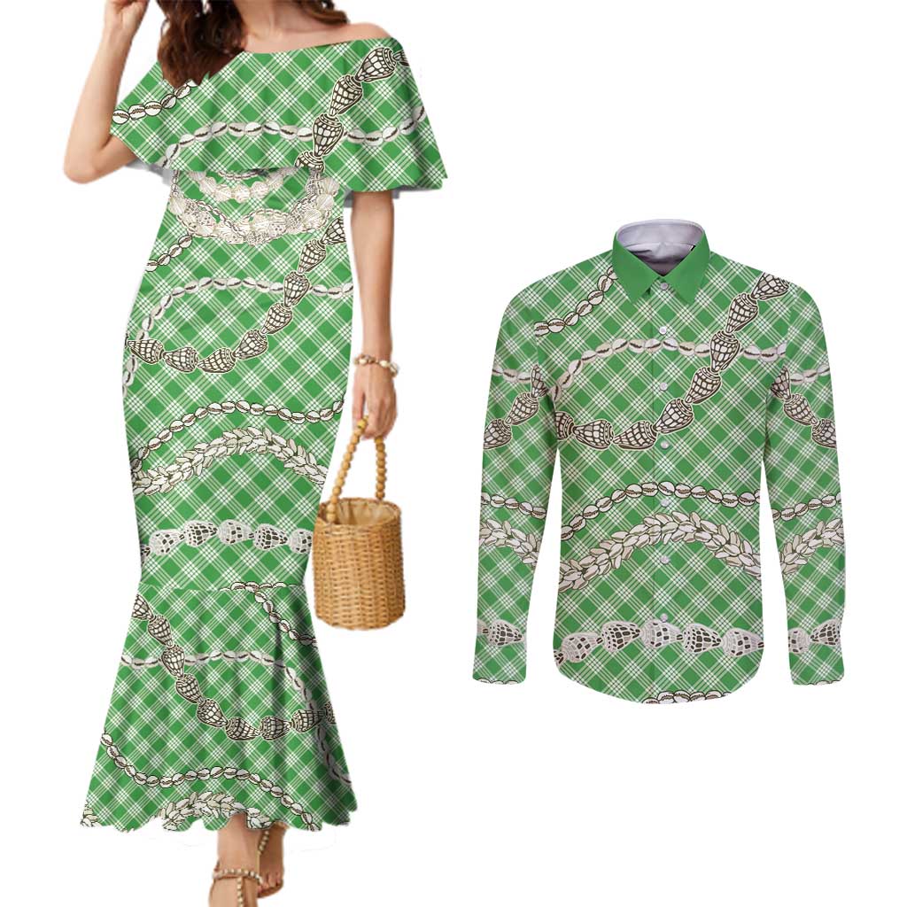 Green Aloha Hawaii Shell Lei Couples Matching Mermaid Dress and Long Sleeve Button Shirt Palaka Hebrew Cone Honey Cowrie Elegant Curves LT14 Green - Polynesian Pride