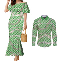 Green Aloha Hawaii Shell Lei Couples Matching Mermaid Dress and Long Sleeve Button Shirt Palaka Hebrew Cone Honey Cowrie Elegant Curves LT14 Green - Polynesian Pride