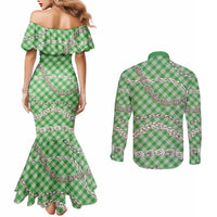 Green Aloha Hawaii Shell Lei Couples Matching Mermaid Dress and Long Sleeve Button Shirt Palaka Hebrew Cone Honey Cowrie Elegant Curves LT14 - Polynesian Pride