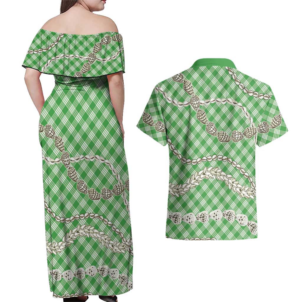 Green Aloha Hawaii Shell Lei Couples Matching Off Shoulder Maxi Dress and Hawaiian Shirt Palaka Hebrew Cone Honey Cowrie Elegant Curves LT14 - Polynesian Pride