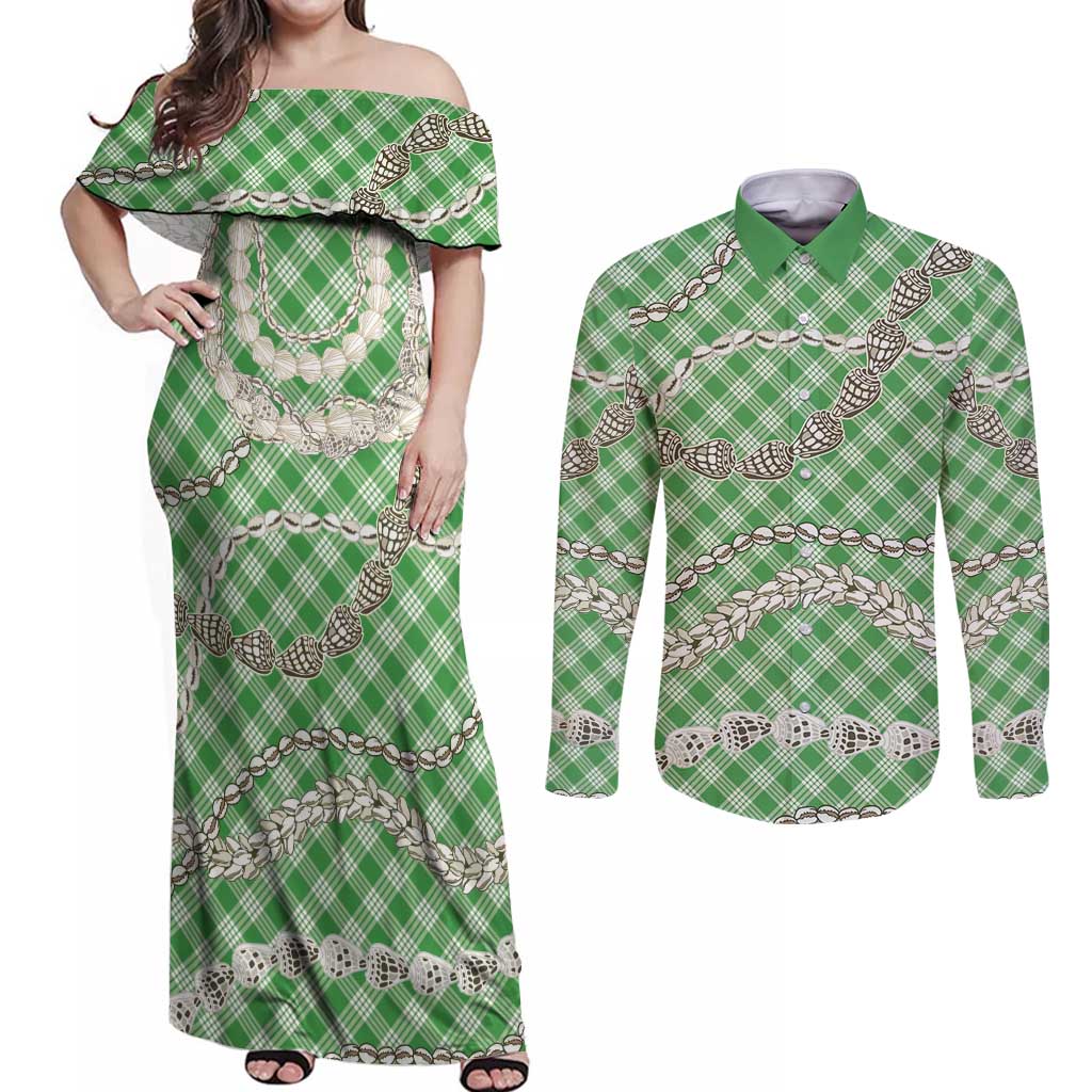 Green Aloha Hawaii Shell Lei Couples Matching Off Shoulder Maxi Dress and Long Sleeve Button Shirt Palaka Hebrew Cone Honey Cowrie Elegant Curves LT14 Green - Polynesian Pride