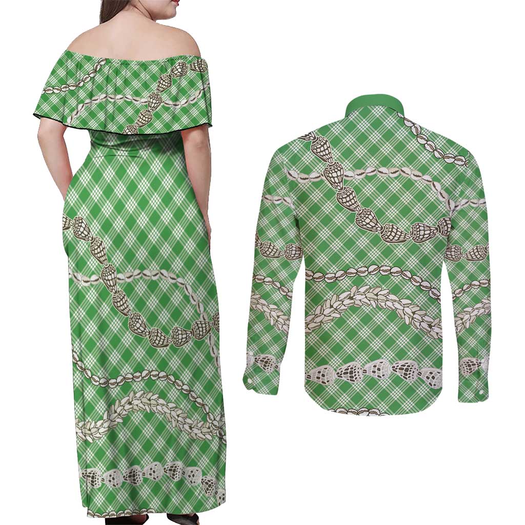 Green Aloha Hawaii Shell Lei Couples Matching Off Shoulder Maxi Dress and Long Sleeve Button Shirt Palaka Hebrew Cone Honey Cowrie Elegant Curves LT14 - Polynesian Pride