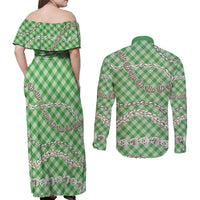 Green Aloha Hawaii Shell Lei Couples Matching Off Shoulder Maxi Dress and Long Sleeve Button Shirt Palaka Hebrew Cone Honey Cowrie Elegant Curves LT14 - Polynesian Pride