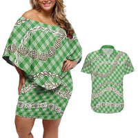 Green Aloha Hawaii Shell Lei Couples Matching Off Shoulder Short Dress and Hawaiian Shirt Palaka Hebrew Cone Honey Cowrie Elegant Curves LT14 Green - Polynesian Pride