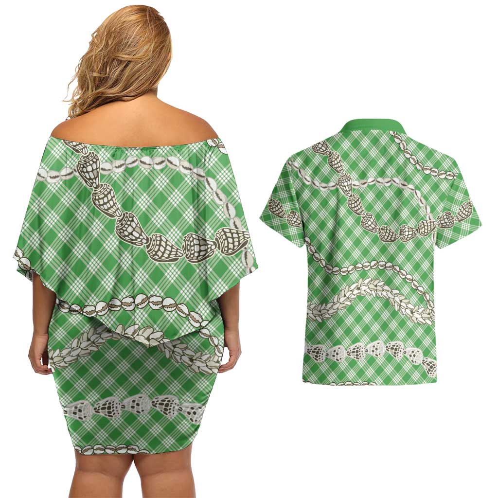 Green Aloha Hawaii Shell Lei Couples Matching Off Shoulder Short Dress and Hawaiian Shirt Palaka Hebrew Cone Honey Cowrie Elegant Curves LT14 - Polynesian Pride