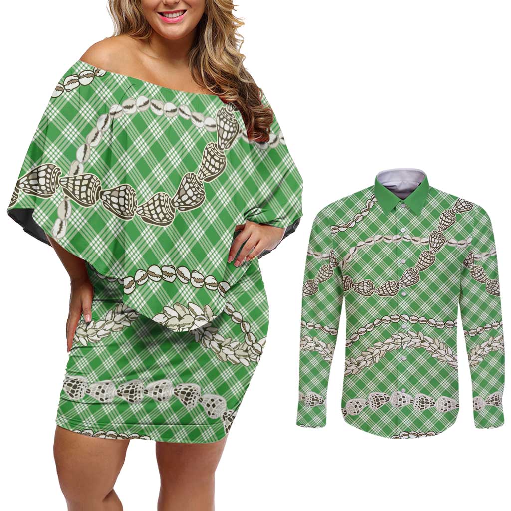 Green Aloha Hawaii Shell Lei Couples Matching Off Shoulder Short Dress and Long Sleeve Button Shirt Palaka Hebrew Cone Honey Cowrie Elegant Curves LT14 Green - Polynesian Pride