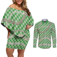 Green Aloha Hawaii Shell Lei Couples Matching Off Shoulder Short Dress and Long Sleeve Button Shirt Palaka Hebrew Cone Honey Cowrie Elegant Curves LT14 Green - Polynesian Pride