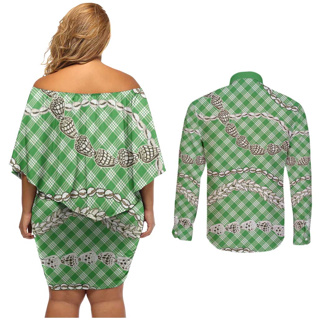 Green Aloha Hawaii Shell Lei Couples Matching Off Shoulder Short Dress and Long Sleeve Button Shirt Palaka Hebrew Cone Honey Cowrie Elegant Curves LT14 - Polynesian Pride