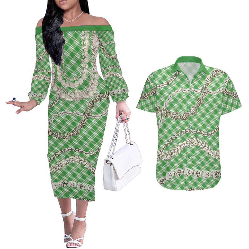 Green Aloha Hawaii Shell Lei Couples Matching Off The Shoulder Long Sleeve Dress and Hawaiian Shirt Palaka Hebrew Cone Honey Cowrie Elegant Curves LT14 Green - Polynesian Pride