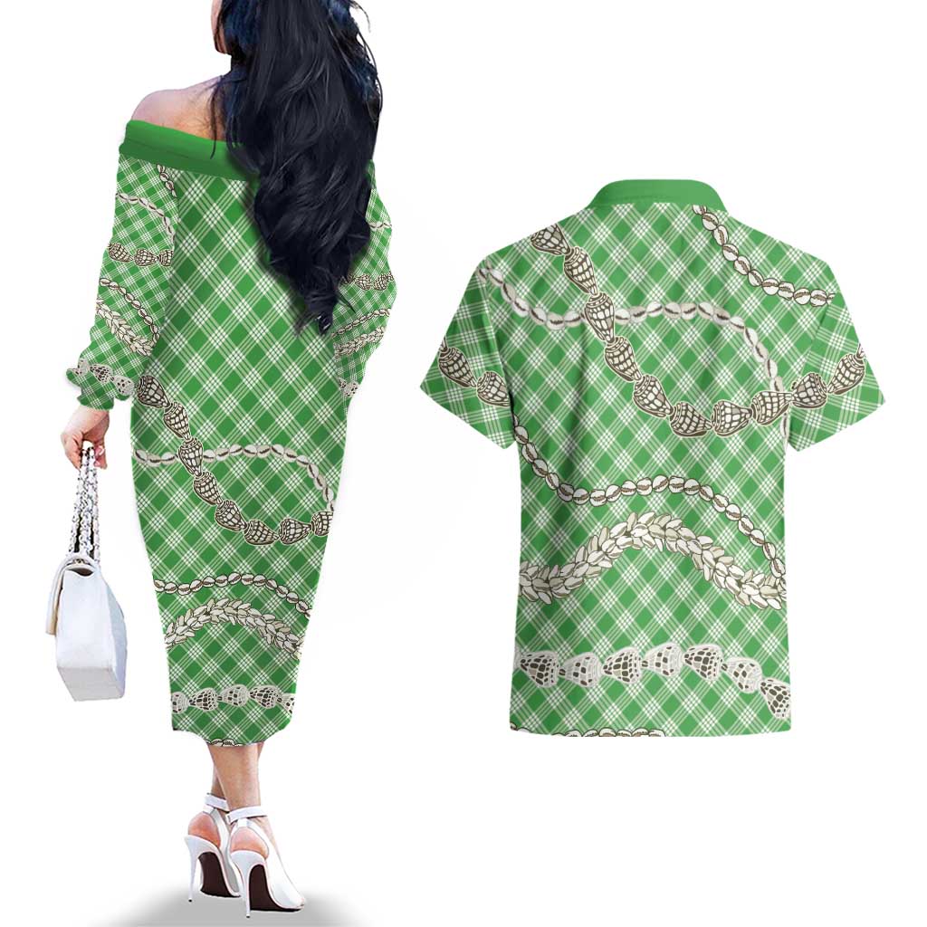 Green Aloha Hawaii Shell Lei Couples Matching Off The Shoulder Long Sleeve Dress and Hawaiian Shirt Palaka Hebrew Cone Honey Cowrie Elegant Curves LT14 - Polynesian Pride