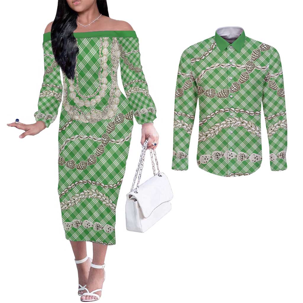 Green Aloha Hawaii Shell Lei Couples Matching Off The Shoulder Long Sleeve Dress and Long Sleeve Button Shirt Palaka Hebrew Cone Honey Cowrie Elegant Curves LT14 Green - Polynesian Pride