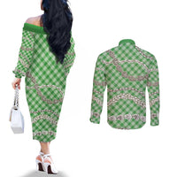 Green Aloha Hawaii Shell Lei Couples Matching Off The Shoulder Long Sleeve Dress and Long Sleeve Button Shirt Palaka Hebrew Cone Honey Cowrie Elegant Curves LT14 - Polynesian Pride