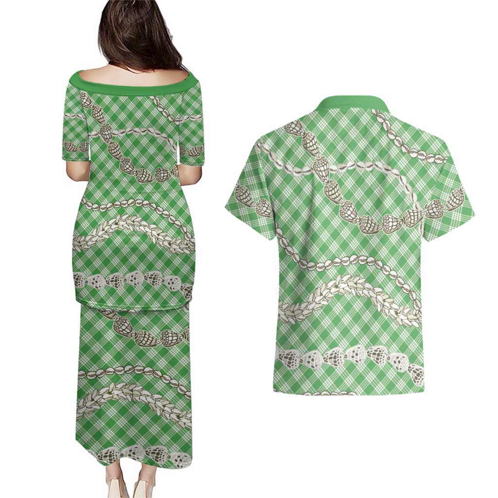Green Aloha Hawaii Shell Lei Couples Matching Puletasi and Hawaiian Shirt Palaka Hebrew Cone Honey Cowrie Elegant Curves LT14 - Polynesian Pride