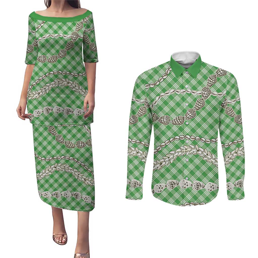 Green Aloha Hawaii Shell Lei Couples Matching Puletasi and Long Sleeve Button Shirt Palaka Hebrew Cone Honey Cowrie Elegant Curves - Polynesian Pride