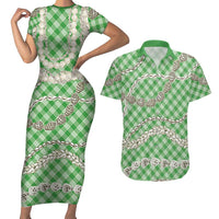 Green Aloha Hawaii Shell Lei Couples Matching Short Sleeve Bodycon Dress and Hawaiian Shirt Palaka Hebrew Cone Honey Cowrie Elegant Curves LT14 Green - Polynesian Pride