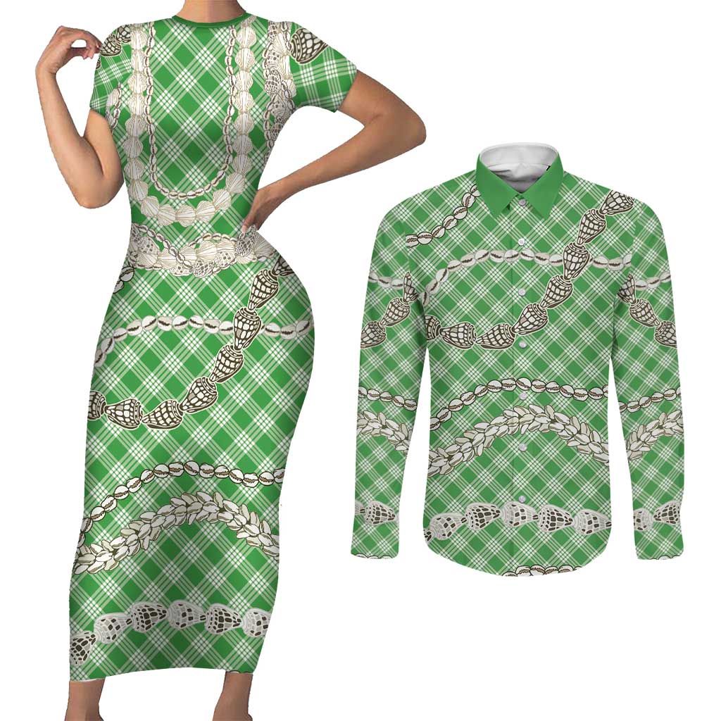 Green Aloha Hawaii Shell Lei Couples Matching Short Sleeve Bodycon Dress and Long Sleeve Button Shirt Palaka Hebrew Cone Honey Cowrie Elegant Curves - Polynesian Pride