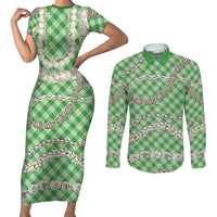 Green Aloha Hawaii Shell Lei Couples Matching Short Sleeve Bodycon Dress and Long Sleeve Button Shirt Palaka Hebrew Cone Honey Cowrie Elegant Curves LT14 Green - Polynesian Pride