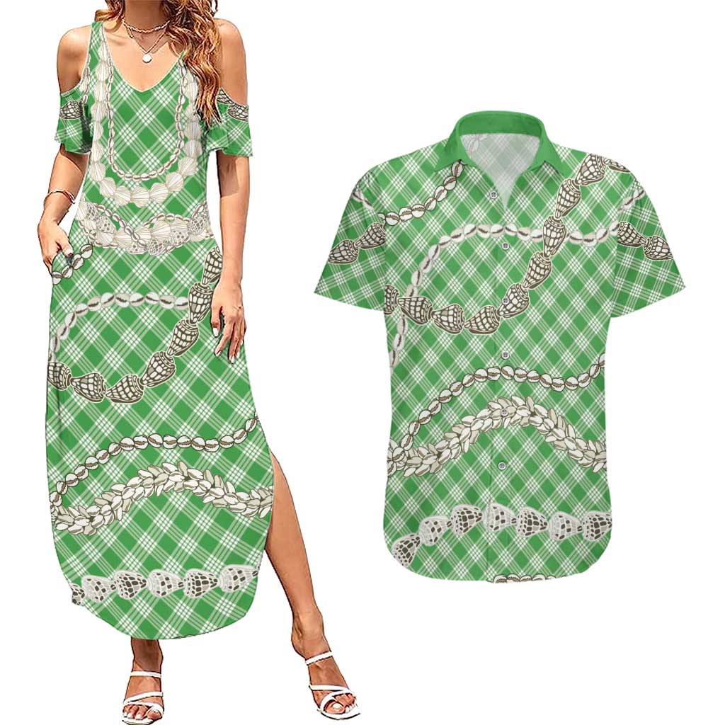 Green Aloha Hawaii Shell Lei Couples Matching Summer Maxi Dress and Hawaiian Shirt Palaka Hebrew Cone Honey Cowrie Elegant Curves LT14 Green - Polynesian Pride