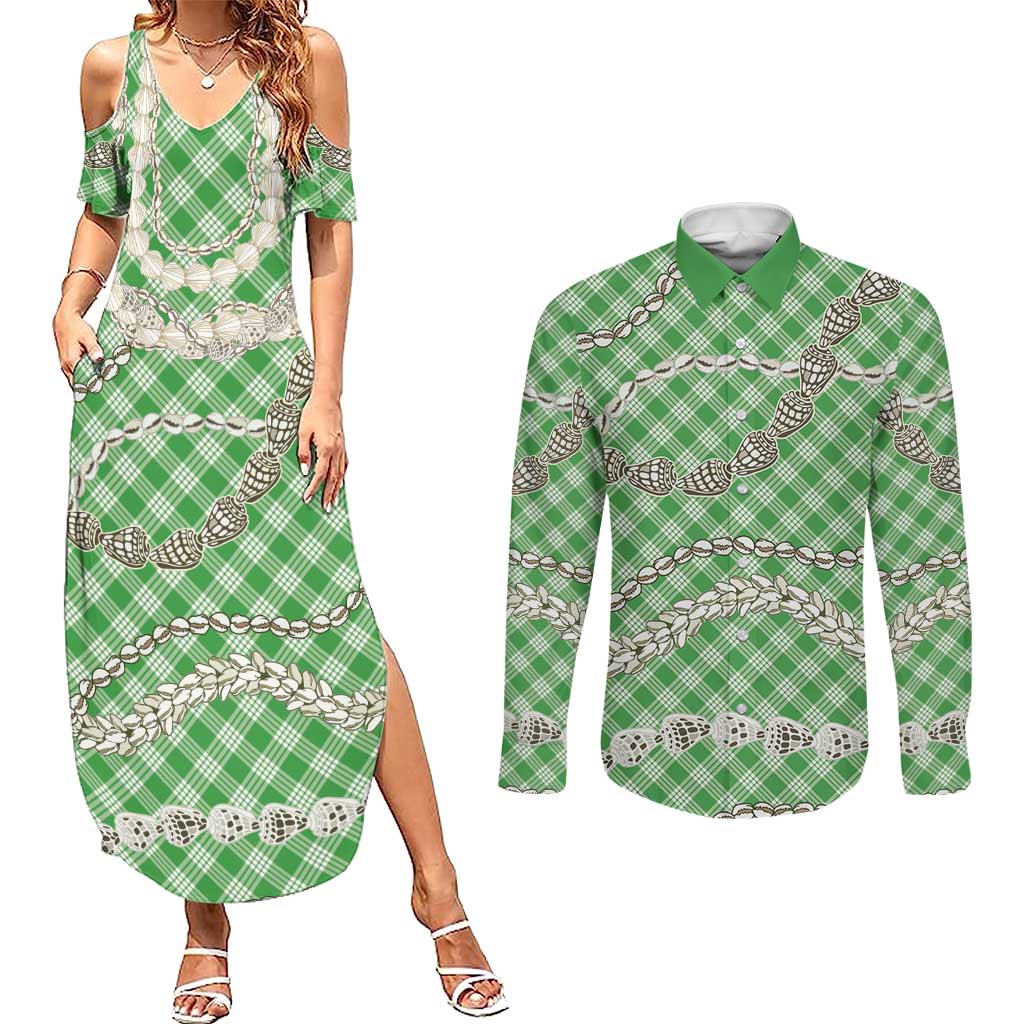 Green Aloha Hawaii Shell Lei Couples Matching Summer Maxi Dress and Long Sleeve Button Shirt Palaka Hebrew Cone Honey Cowrie Elegant Curves LT14 Green - Polynesian Pride
