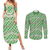 Green Aloha Hawaii Shell Lei Couples Matching Summer Maxi Dress and Long Sleeve Button Shirt Palaka Hebrew Cone Honey Cowrie Elegant Curves LT14 Green - Polynesian Pride