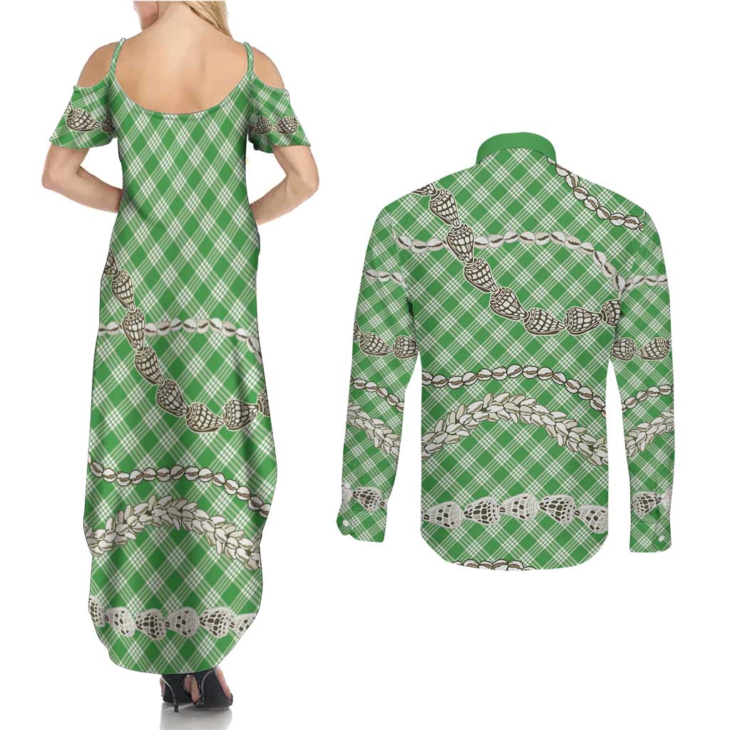 Green Aloha Hawaii Shell Lei Couples Matching Summer Maxi Dress and Long Sleeve Button Shirt Palaka Hebrew Cone Honey Cowrie Elegant Curves LT14 - Polynesian Pride