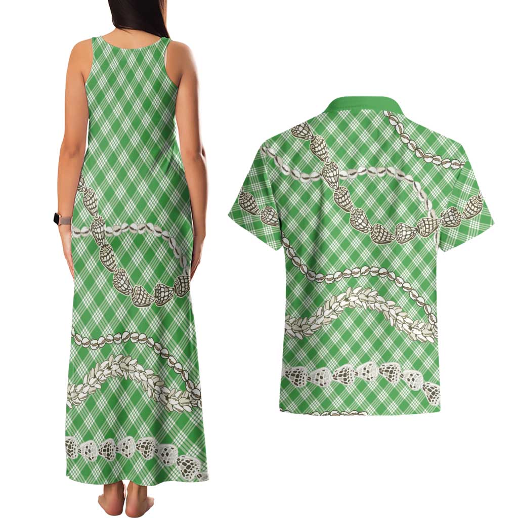 Green Aloha Hawaii Shell Lei Couples Matching Tank Maxi Dress and Hawaiian Shirt Palaka Hebrew Cone Honey Cowrie Elegant Curves LT14 - Polynesian Pride