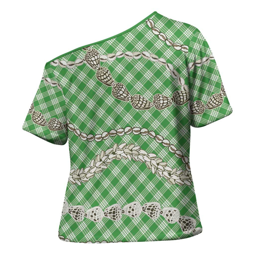 Green Aloha Hawaii Shell Lei Cross Shoulder Shirt Palaka Hebrew Cone Honey Cowrie Elegant Curves - Polynesian Pride