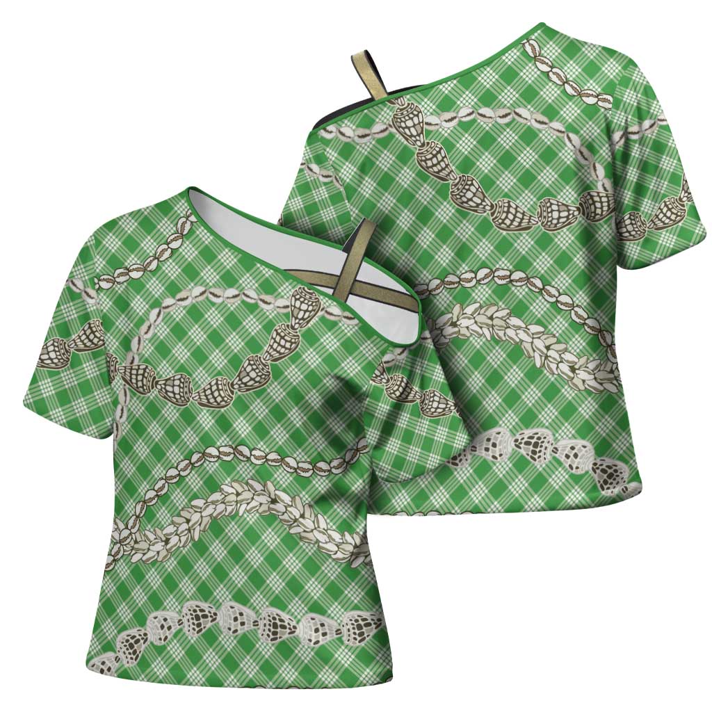 Green Aloha Hawaii Shell Lei Cross Shoulder Shirt Palaka Hebrew Cone Honey Cowrie Elegant Curves - Polynesian Pride
