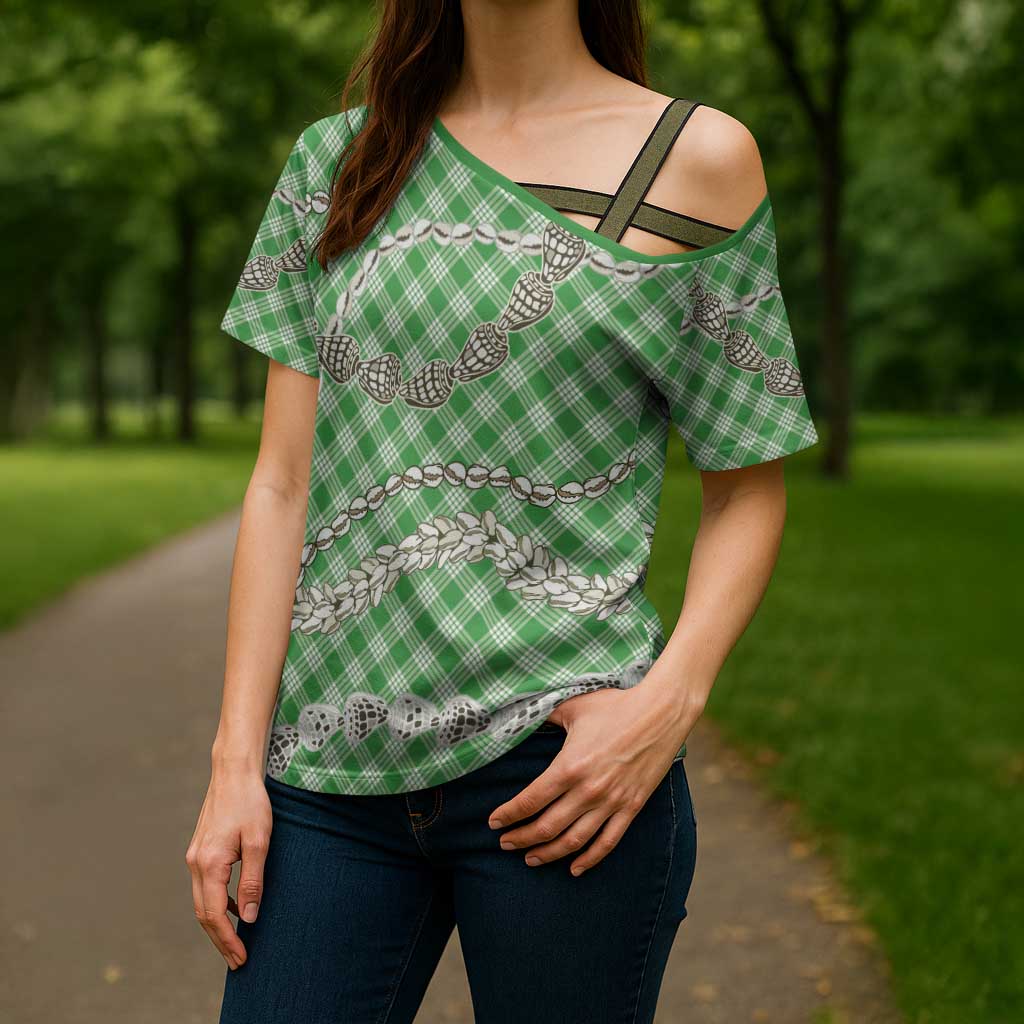 Green Aloha Hawaii Shell Lei Cross Shoulder Shirt Palaka Hebrew Cone Honey Cowrie Elegant Curves - Polynesian Pride