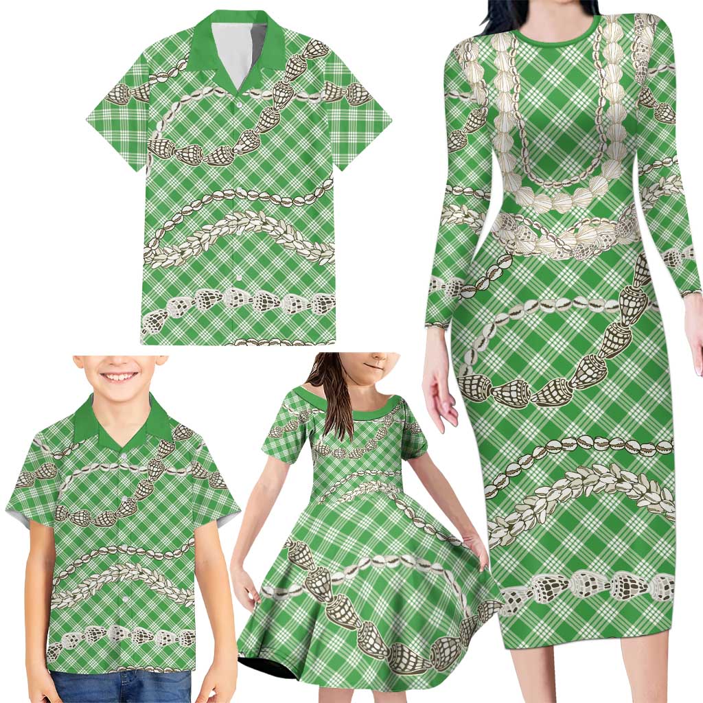 Green Aloha Hawaii Shell Lei Family Matching Long Sleeve Bodycon Dress and Hawaiian Shirt Palaka Hebrew Cone Honey Cowrie Elegant Curves - Polynesian Pride