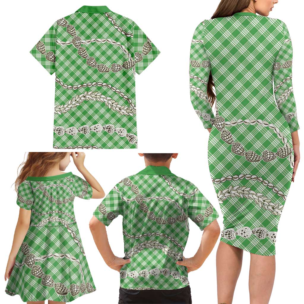 Green Aloha Hawaii Shell Lei Family Matching Long Sleeve Bodycon Dress and Hawaiian Shirt Palaka Hebrew Cone Honey Cowrie Elegant Curves LT14 - Polynesian Pride