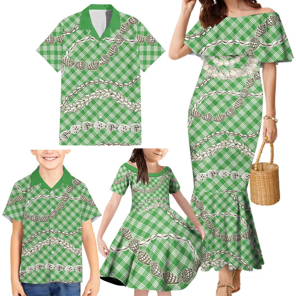 Green Aloha Hawaii Shell Lei Family Matching Mermaid Dress and Hawaiian Shirt Palaka Hebrew Cone Honey Cowrie Elegant Curves LT14 - Polynesian Pride